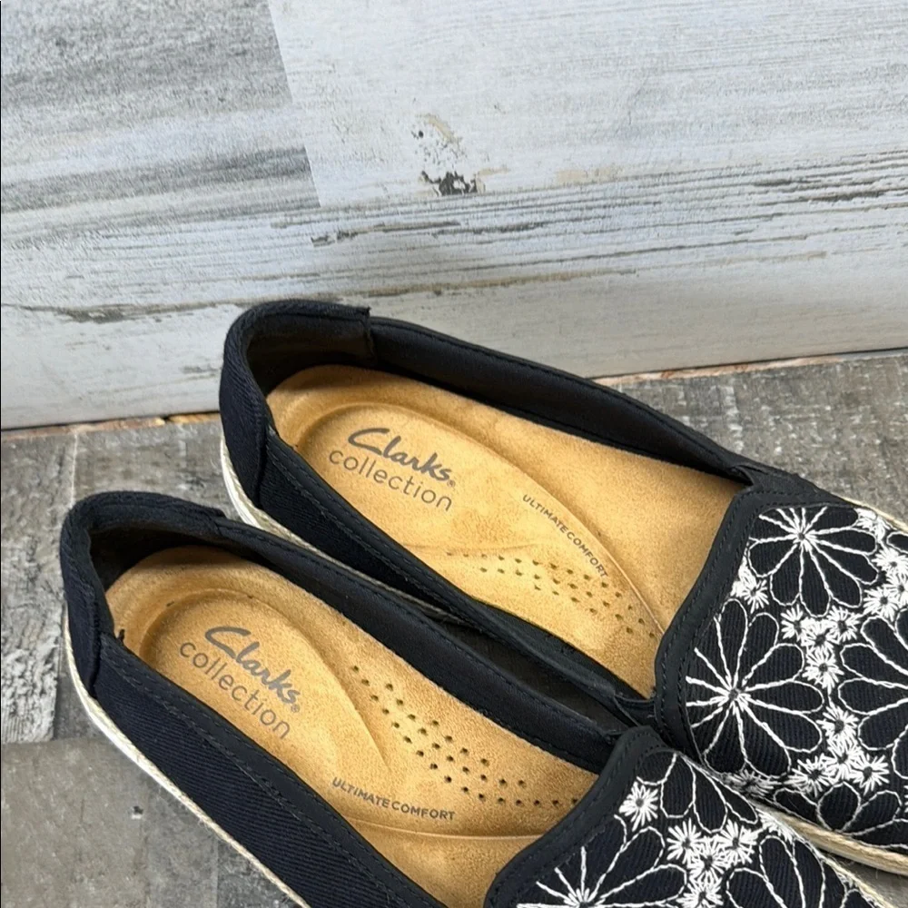 Clarks Collection Black Floral Embroidered Espadrille Flats Size 9m
